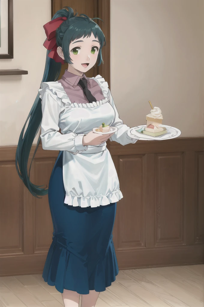 (masterpiece), (Highest quality), (Super detailed), Realistic, (Best illustrations), (Very delicate and beautiful), One girl, Iraq, Collared shirt, Black tie, Blue Skirt, Frilled Skirt, Kappo, apron, chest, Hair Ribbon, ponytail, Very long hair, (Antenna Hair), indoor, Long sleeve,ruffle cuffs, Holding Tray, dish, ice cream, View your viewers, :d, The legs are off the frame, Cafe, Green Eyes, Are standing,