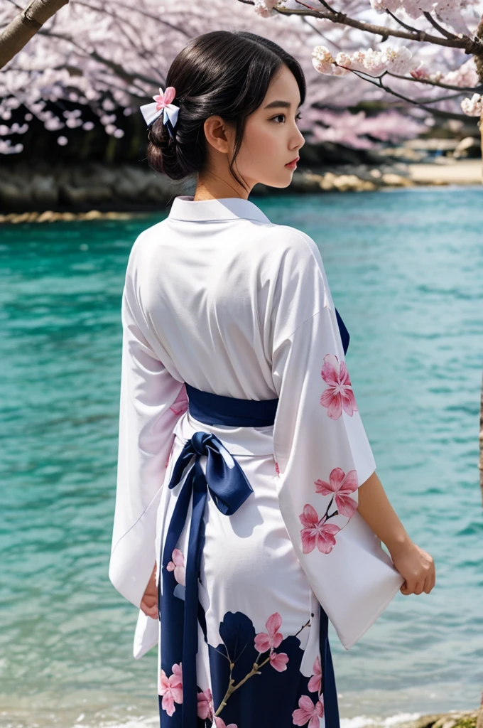 A white kimono with dark blue ocean waves and pink cherry blossom patterns, a dark blue obi that tied into a big bow from behind 