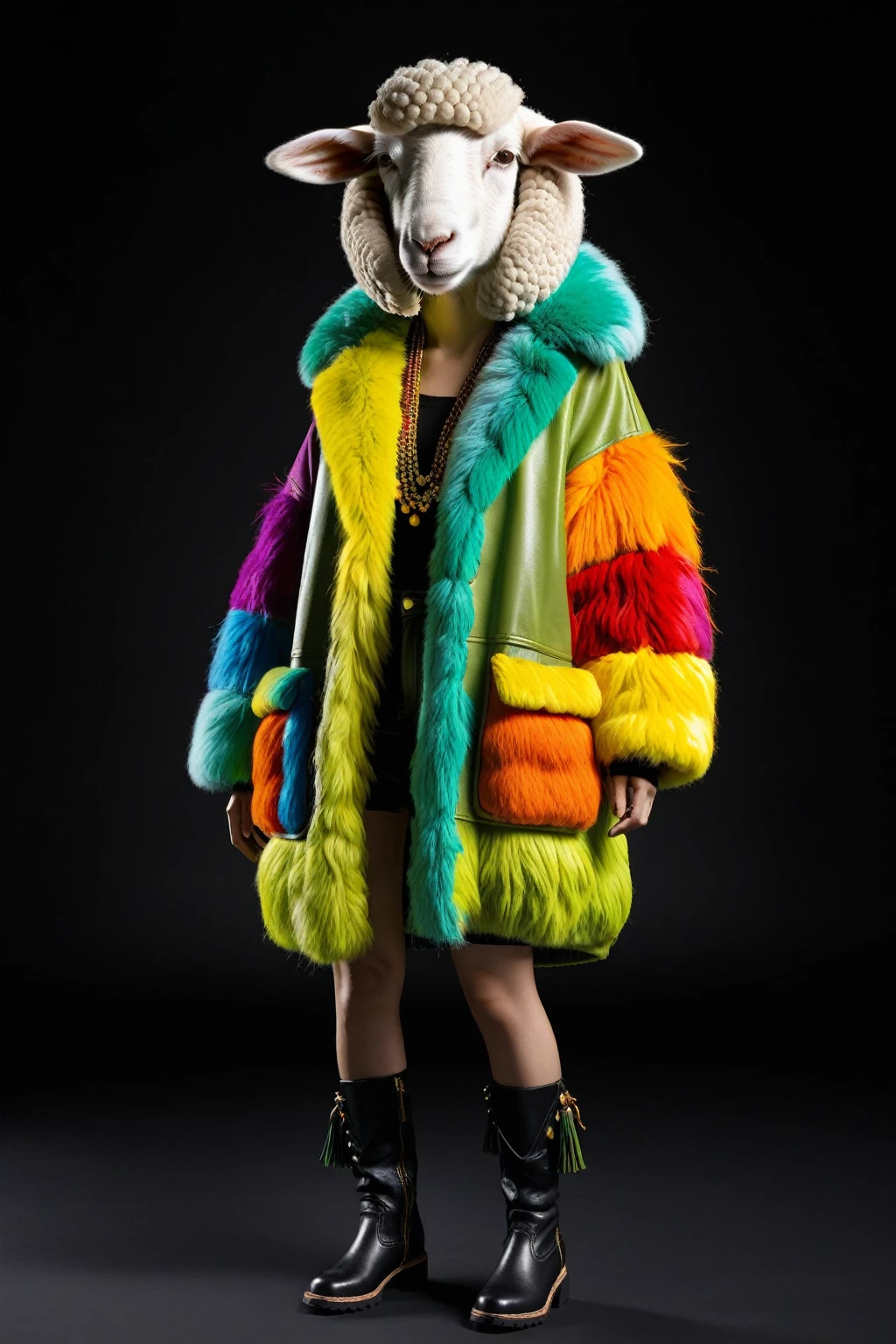 背景は薄暗くgreenいcigaretteとgreenい光で全体的にオアっぽい、A hip-hop pose that makes the most of,Anthropomorphic sheep, with the whole body in mind, walking 2 speed steps up to the legs、Ultra-high resolutionの羊の肖像画、、Black Background、
Multicolored fur（red、orange、yellow、green、green、purple）、ド派手なロングboots
羊の頭に巻かれた多色の毛糸のドレッドヘア、
首に装飾的なgreenいペンダント、
Ethnic multi-layer colorful coat（with fringes）、
Brightly colored patchwork pattern、
Photorealistic details、Textured fur、
Dramatic lighting、High contrast images、
Studio Shooting Style、Photorealistic、
Psychedelic Style、Anthropomorphizing ethnic sheep. Follow these rules to create an image with this composition:。背景はcigaretteに光がさす
 羊の高解像度全身、Black background、Bright rainbow fur（red、orange、yellow、green、green、purple）、Fine fuzz texture、Multi-colored wool wrapped around a sheep&#39;s head、首に巻かれた装飾的なgreenいペンダント、Realなディテール、Dramatic lighting、High contrast images、Studio Style Photography、Ultra-high resolution、Photorealistic カードゲームの絵柄を作成します。The design will be surrounded by a border.、So as not to overlap with the characters、Please keep it at about 80% from the center of the space.。Use indirect lighting and textured backgrounds.、Creates a dark and mysterious atmosphere。To make the central character stand out。Full body portrait、動きのあるポーズ 全体的な色はアースカラー カラフルな衣装 とにかく質感はRealで細かいファッションの服。Stylish sneakers、boots、Wearing Sandals。hat、cigar、cigarette アクセサリー ネックレス、Earrings、ring、bandana、hat、cigar、cigarette、car、bike、Tattoos etc.、Choose according to your outfit and mood。Real、8K、。Human touch、There is no skin color。