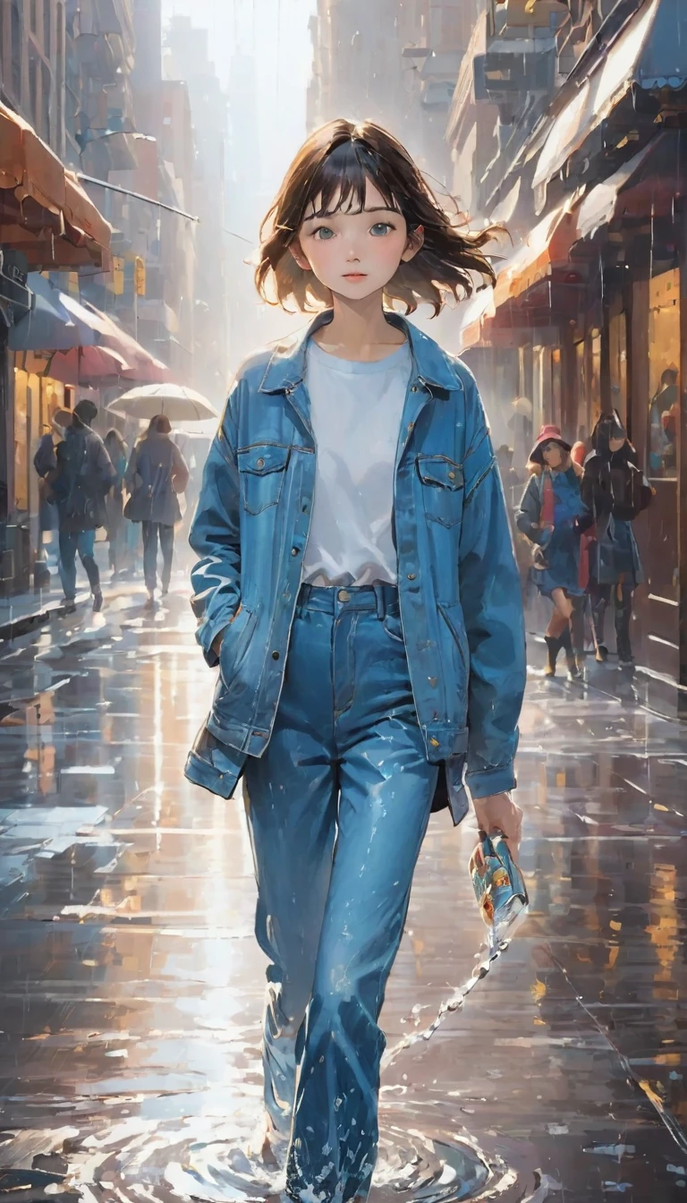 Highest quality、masterpiece:1.3、Dancing Girl、(((一人の女の子が雨の中でInnocenceに笑いながら一回転をしている、Dancing in the rain:1.37)))、alone、Girls spinning in the heart of downtown、Innocence、Wet girl、Clothes that are wet、Casual clothing、Denim pants、New York Times、無人のNew York Times、