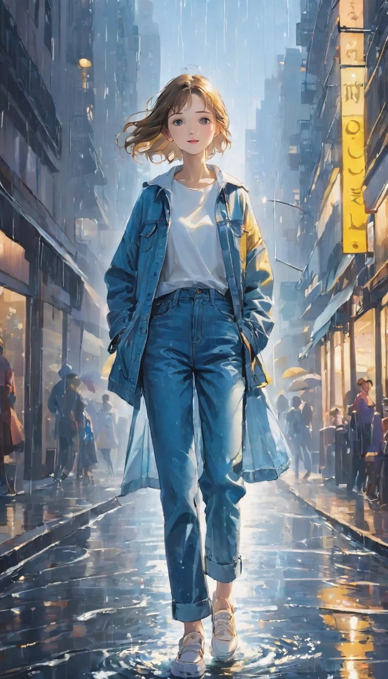 Highest quality、masterpiece:1.3、Dancing Girl、(((一人の女の子が雨の中でInnocenceに笑いながら一回転をしている、Dancing in the rain:1.37)))、alone、Girls spinning in the heart of downtown、Innocence、Wet girl、Clothes that are wet、Casual clothing、Denim pants、New York Times、無人のNew York Times、