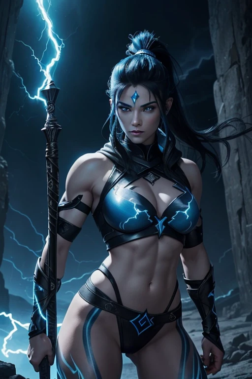 evil beautiful and muscular mature female storm giant with blue black hair in a ponytail and lightning staff, glowing tattoos and pale blue skin wearing steel runic Armour , temple cave background with lightning storm, glowing blue eyes
