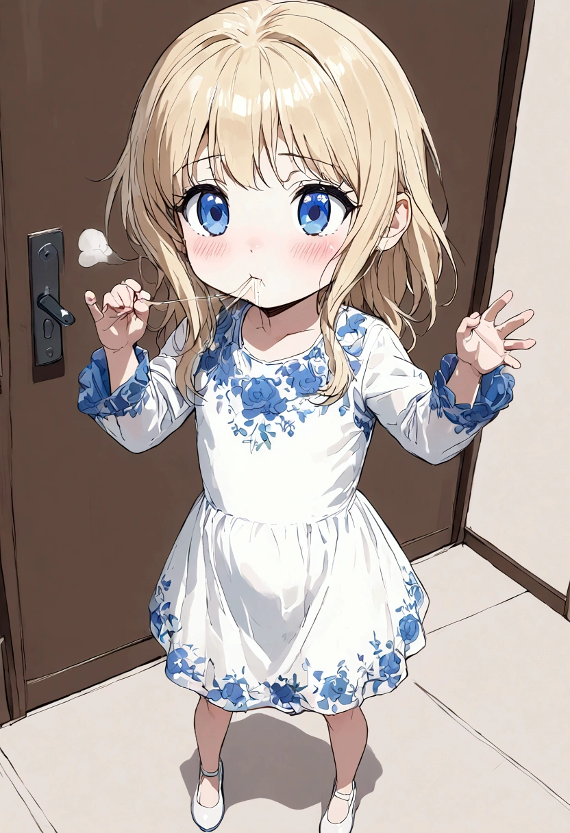 Anime. Baby. Princess. Blonde. Long hair. Blue eyes. Beautiful eyes. Light dress. Shoes. Cold. Runny nose. Snot. Nasal mucus. Sneeze. Sneezing. Sneezes. Snot flows from the nose. Wants to chug. I have to sneeze. Very strong desperate desire to sneeze. She sneezed. She sneezed. She sneezes while standing. Fantasy city. Lock. Corridor . At the entrance to the toilet. Full height. Standing. Full body.