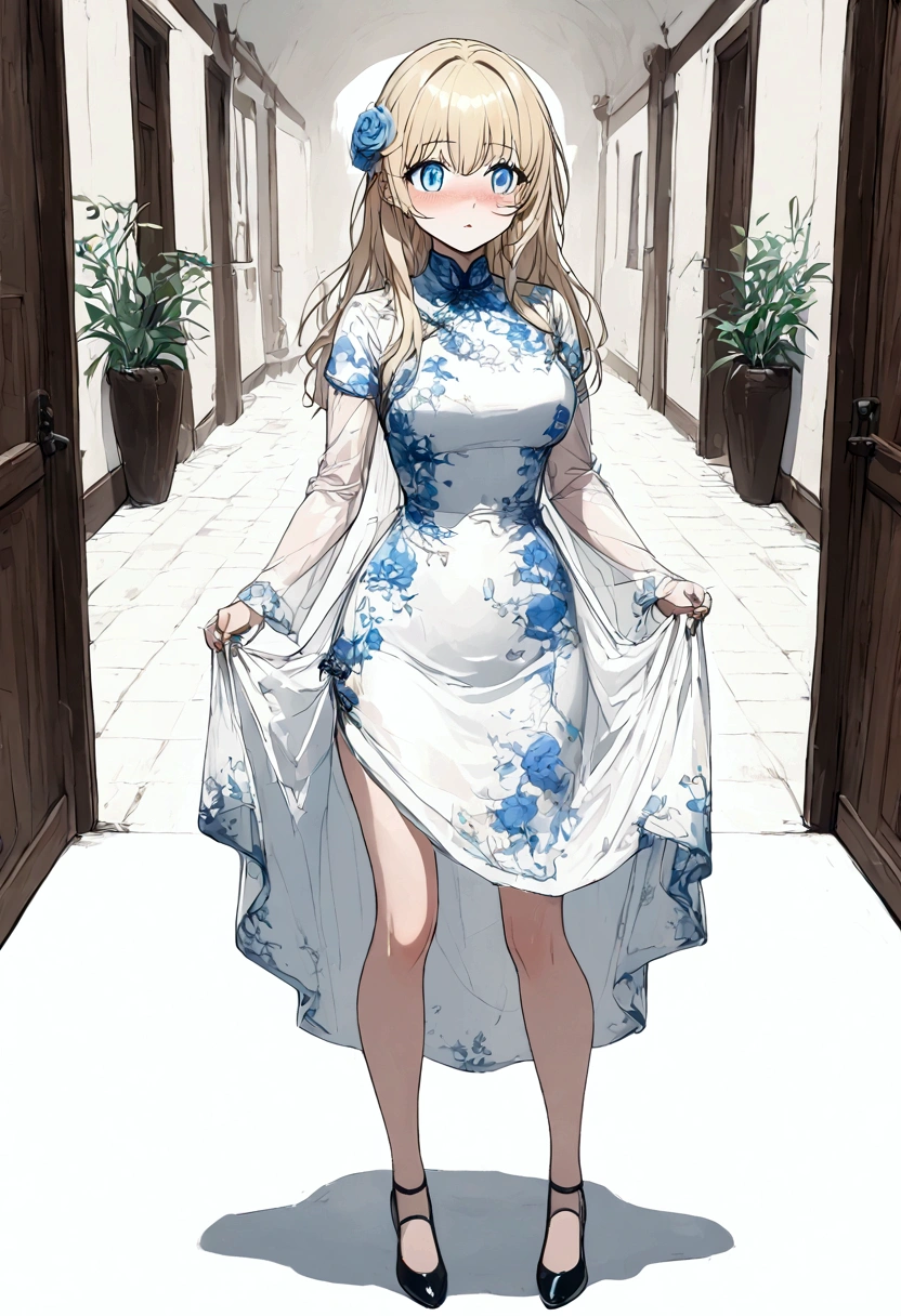Anime. Baby. Princess. Blonde. Long hair. Blue eyes. Beautiful eyes. Light dress. Shoes. Cold. Runny nose. Snot. Nasal mucus. Sneeze. Sneezing. Sneezes. Snot flows from the nose. Wants to chug. I have to sneeze. Very strong desperate desire to sneeze. She sneezed. She sneezed. She sneezes while standing. Fantasy city. Lock. Corridor . At the entrance to the toilet. Full height. Standing. Full body.