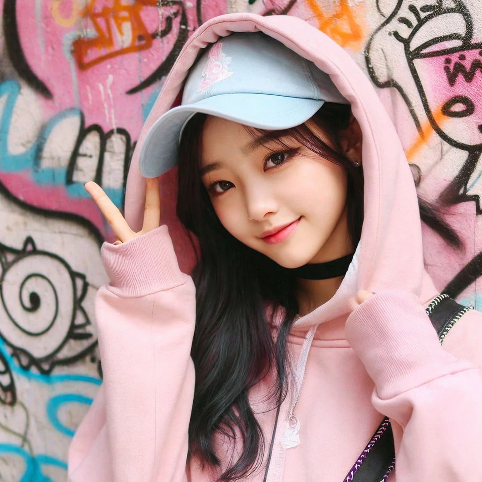 cute girl ,1 young korean woman with cap,Graffiti