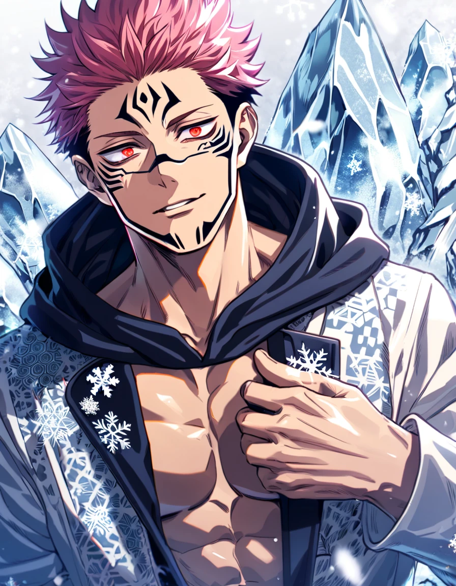 Ultra detailed, Highres, absurdres, HDR, Ryomen Sukuna, pink hair, expressive red eyes, white coat with patterns with a hoddie, Jujutsu Kaisen, winter, ice, snowflakes, handsome, sexy man, solo, very detailed eyes and face,  master piece, toned chest, glittering