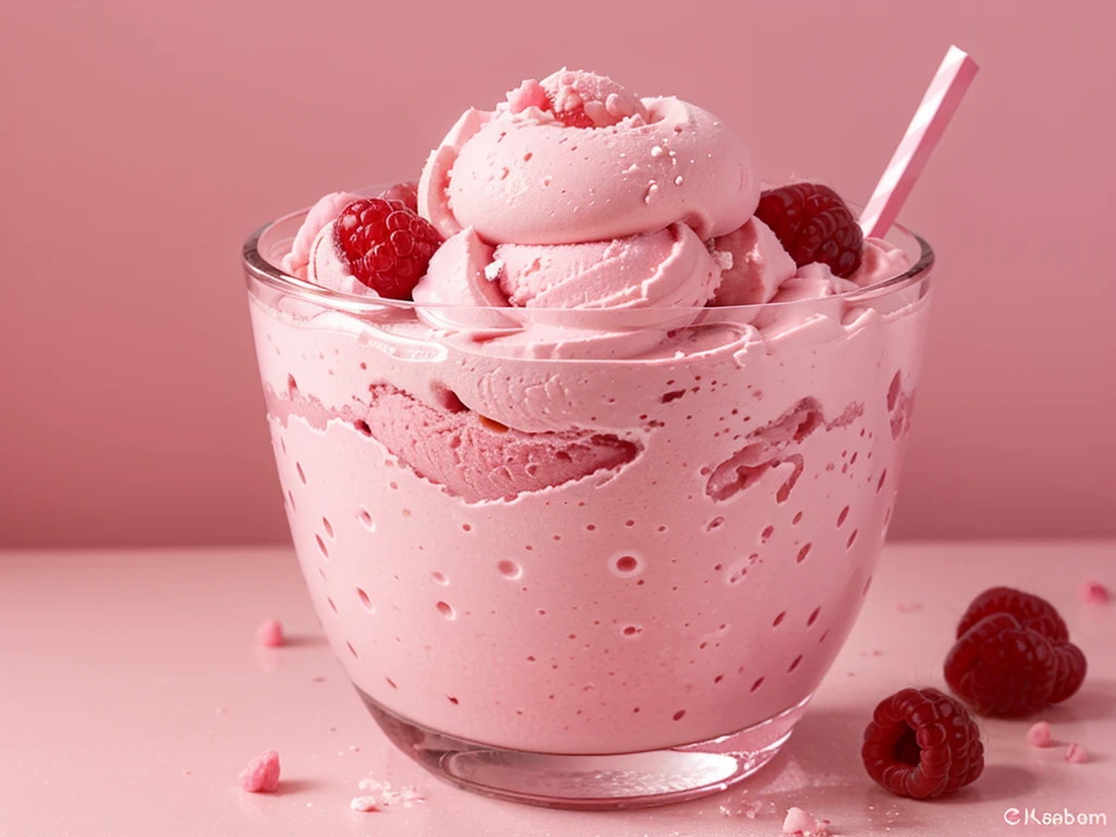 fresh raspberry style ice cream，pink background，in glass cup，some raspberrys on the ice cream