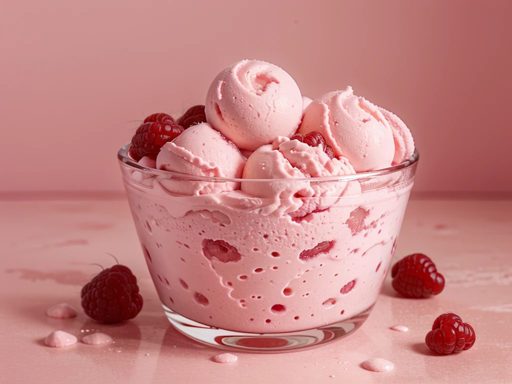 fresh raspberry style ice cream,pink background,in glass cup,some raspberrys on the ice cream
