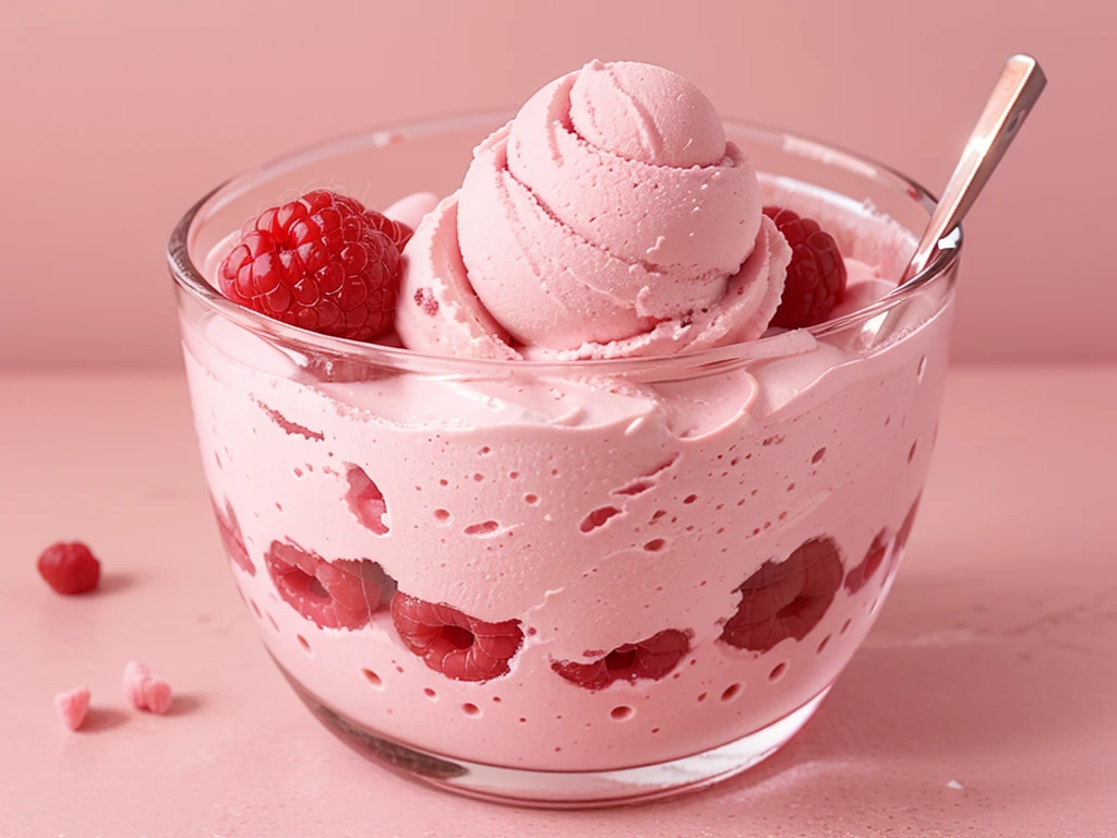 fresh raspberry style ice cream，pink background，in glass cup，some raspberrys on the ice cream