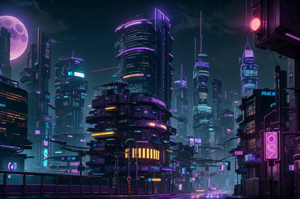 cyberpunk city, neon light, ight, HDR, futuristic building, purple light, purple moon, purple theme, traffic light, 4k resolution, landscape, depth of field