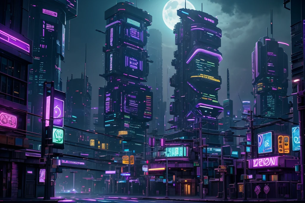 cyberpunk city, neon light, ight, HDR, futuristic building, purple light, purple moon, purple theme, traffic light, 4k resolution, landscape, depth of field