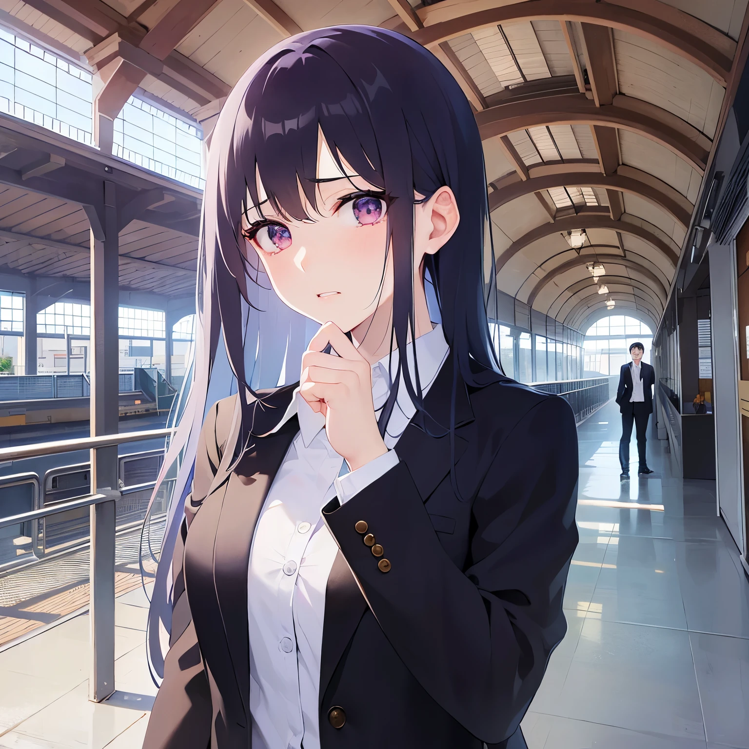 hand on own face, upper body、 (looking away1.5), Realistic, real person, (pale skin: 1.2), RAW photo, photorealistic, shiny skin, shiny hair、(A 25-year-old woman with straight hair and bangs) and (medium hair) and (black hair) and (purple eyes) , (business suit:1.5) and (white collared shirt)、(sad:1.5), (tears:1.1), open mouth, The background is a train station platform.、Alone、Are standing