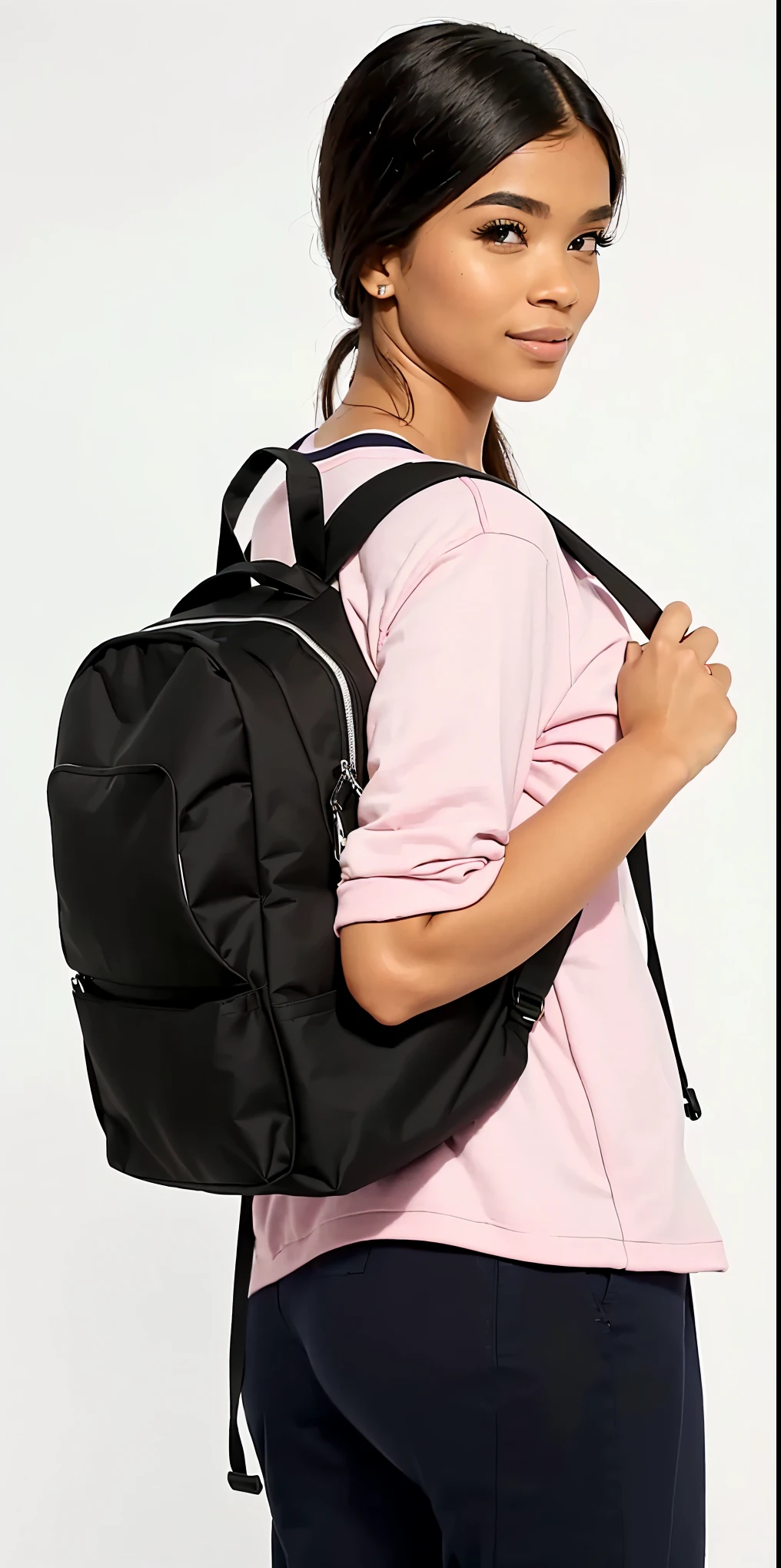 a woman in a pink shirt and black schoolbag posing for a picture, schoolbag, with a schoolbag, school if, ifs, a schoolbag, with two front pockets, remote control disco schoolbag, a man wearing a schoolbag, if, the man have a schoolbag, Puffer coat, fashionable, wearing strawberry schoolbag, item, facing backwards, small, back view