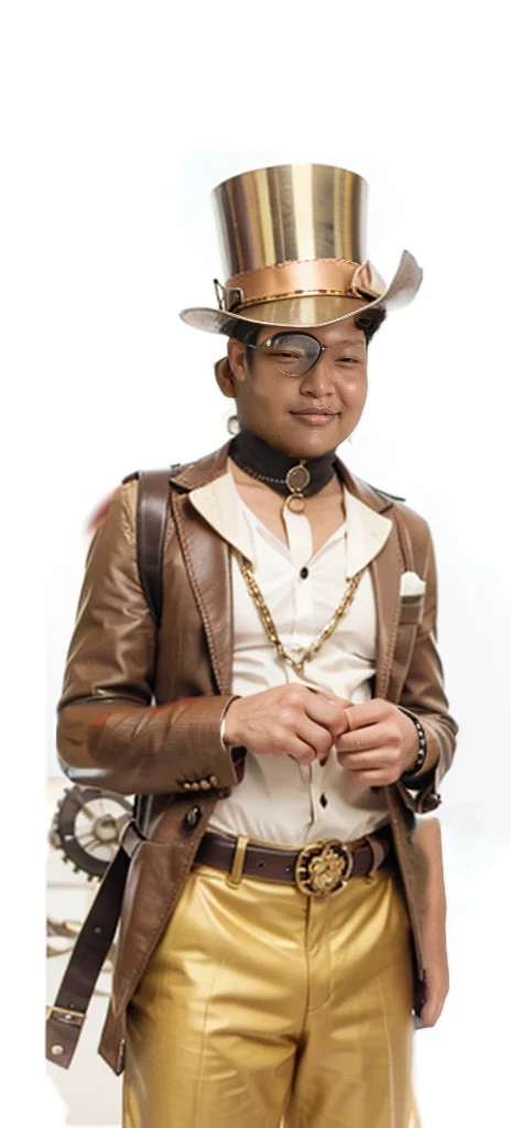 finely tailored waistcoat and frock coat made from rich, dark fabrics with intricate gold embroidery and brass buttons.
A high-collared white shirt with a cravat or an ascot tie, adding an air of elegance.
Well-fitted trousers with a subtle pinstripe pattern and polished leather boots with brass buckles.
Accessories:
A stylish top hat adorned with gears, cogs, and a pair of steampunk goggles with tinted lenses perched on the brim.
A monocle with a small magnifying lens, giving a nod to his mechanical expertise.
A pocket watch on a gold chain, with visible gears and mechanisms, attached to his waistcoat.
Leather gloves with brass knuckles and reinforced fingers, showing he’s not afraid to get his hands dirty.
Mechanical Enhancements:
A mechanical arm with intricate brass and copper details, featuring visible gears and pistons. The arm should look both functional and artistic.
A small steam-powered device or gadget strapped to his belt, showcasing his mechanical prowess.
Physical Appearance:
A well-groomed beard and mustache, styled in a manner befitting a man of his status.
Keen, intelligent eyes with a hint of curiosity and inventiveness.
A strong, confident posture, reflecting his status and expertise.