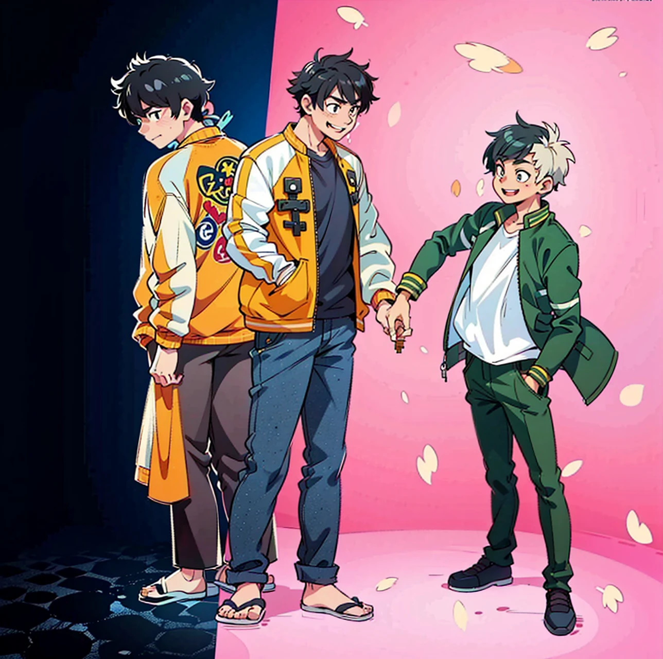 anime characters standing next to each other holding hands on a pink background, smiling, official art, anime key visual", bishounen, official anime still, official fanart, inspired by Okumura Masanobu, anime key visual concept, koyoharu gotouge, official anime art, official studio anime still, official modern anime, anime key visuals, cel shaded anime, Sakura tree petals flying