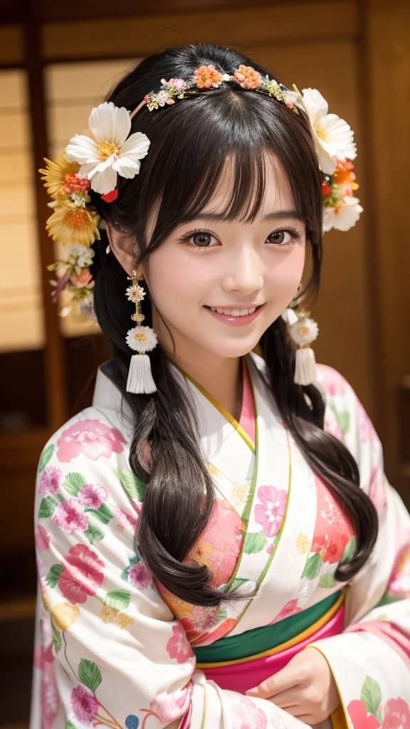 Love goddess, flushed cheeks, early 20s, hairstyle and kimono like Orihime from Tanabata, kimono and hair accessories with lots of decorations, big smile, sparkling eyes