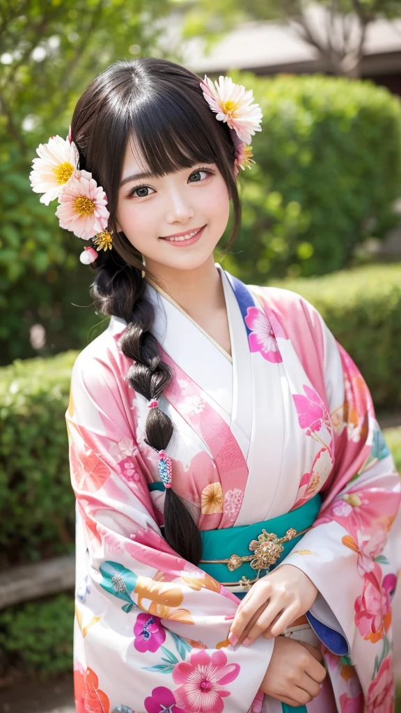 Love goddess, flushed cheeks, early 20s, hairstyle and kimono like Orihime from Tanabata, kimono and hair accessories with lots of decorations, big smile, sparkling eyes