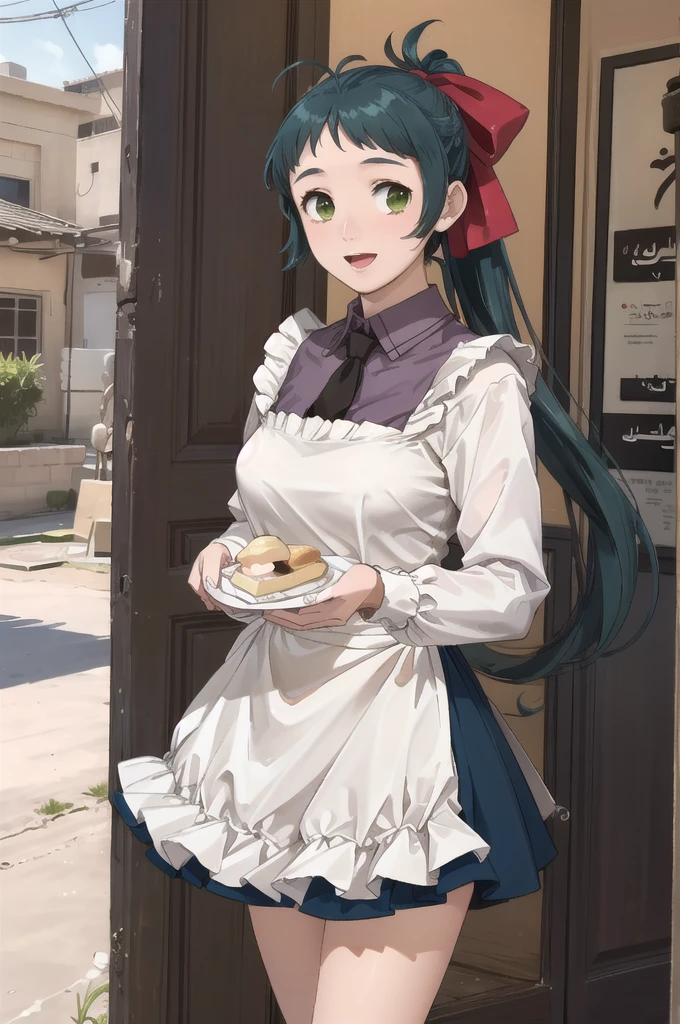 (masterpiece), (Highest quality), (Super detailed), Realistic, (Best illustrations), (Very delicate and beautiful), One girl, Iraq, Collared shirt, Black tie, Blue Skirt, Frilled Skirt, Kappo, apron, chest, Hair Ribbon, ponytail, Very long hair, (Antenna Hair), indoor, Long sleeve,ruffle cuffs, Holding Tray, dish, ice cream, View your viewers, :d, The legs are off the frame, Cafe, Green Eyes, Are standing,