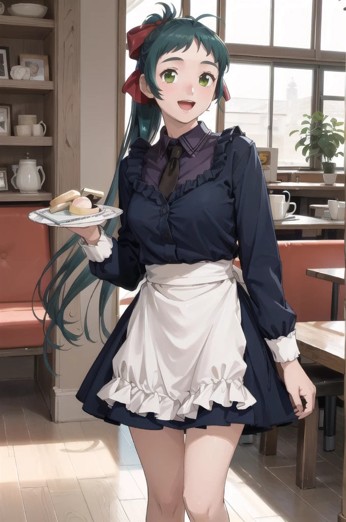 (masterpiece), (Highest quality), (Super detailed), Realistic, (Best illustrations), (Very delicate and beautiful), One girl, Iraq, Collared shirt, Black tie, Blue Skirt, Frilled Skirt, Kappo, apron, chest, Hair Ribbon, ponytail, Very long hair, (Antenna Hair), indoor, Long sleeve,ruffle cuffs, Holding Tray, dish, ice cream, View your viewers, :d, The legs are off the frame, Cafe, Green Eyes, Are standing,