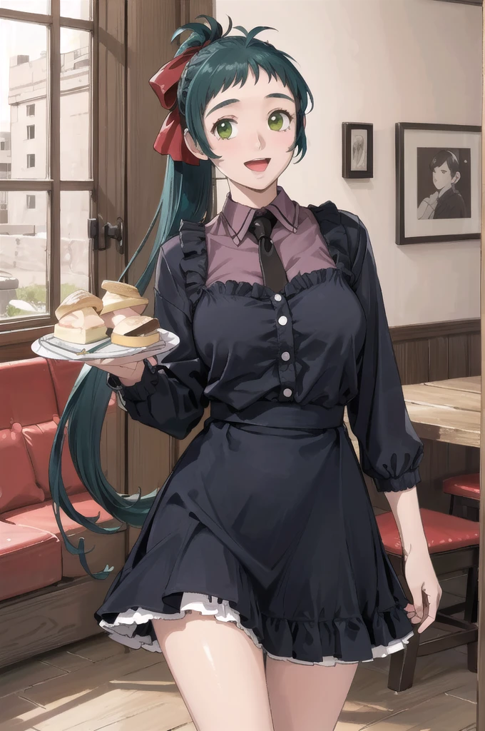 (masterpiece), (Highest quality), (Super detailed), Realistic, (Best illustrations), (Very delicate and beautiful), One girl, Iraq, Collared shirt, Black tie, Blue Skirt, Frilled Skirt,  Kappo, apron, chest, Hair Ribbon, ponytail, Very long hair, (Antenna Hair), indoor, Long sleeve,ruffle cuffs, Holding Tray, dish, ice cream, View your viewers, :d, The legs are off the frame, Cafe, Green Eyes, Are standing,