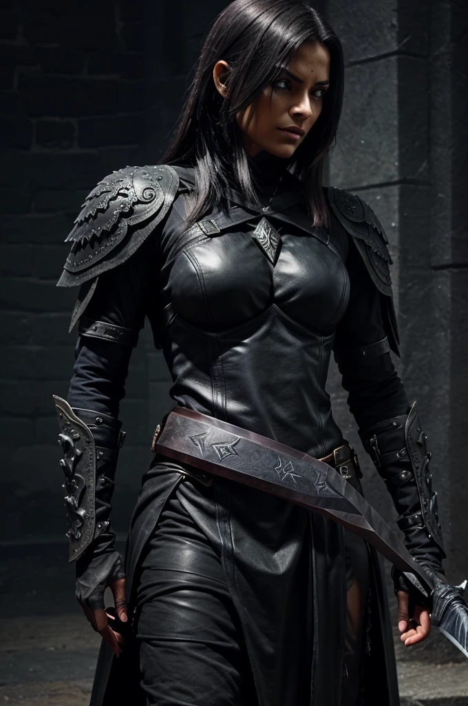 * A long, curved blade with a dark, almost obsidian-like color.
 * The hilt could be wrapped in rough leather or adorned with jagged bone.
 * An inscription or glowing symbols might be etched onto the blade that pulse with a sinister energy.