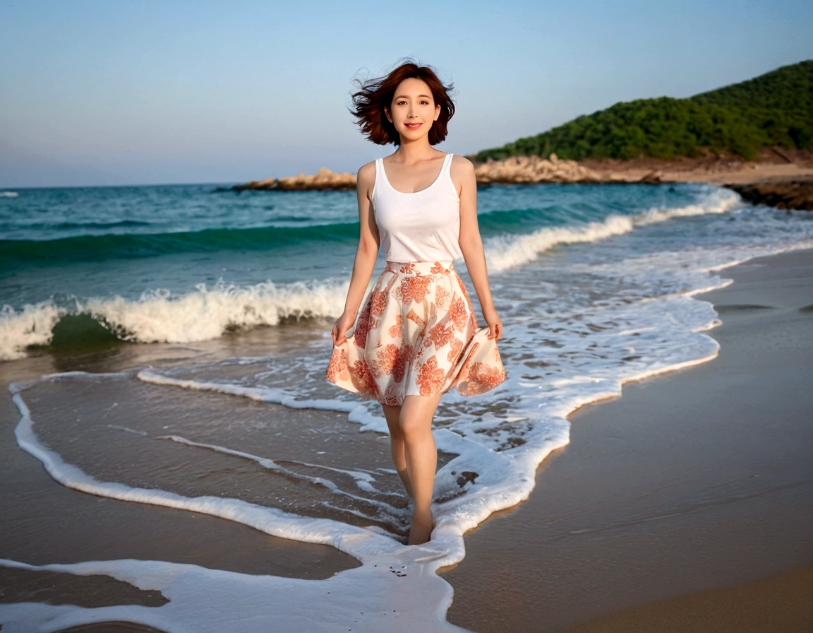 sunset on the beach,바다에 잔광이 비치네sunset on the beach 붉은 태양,A strong lingering scent is reflected in the sea., Beautiful 46-year-old short Korean woman, Chest size 34 inches, Wear sleeveless, white light skirt. beautiful pretty woman look , wearing a light skirt , Go far into the sea water and dip your toes., Short medium hair blowing in the wind, 1 short woman, beautiful eyes, a little smile, Full-body photo taken from afar with a wide-angle lens, The background is clean and perfect., waves moved by the wind, best high definition