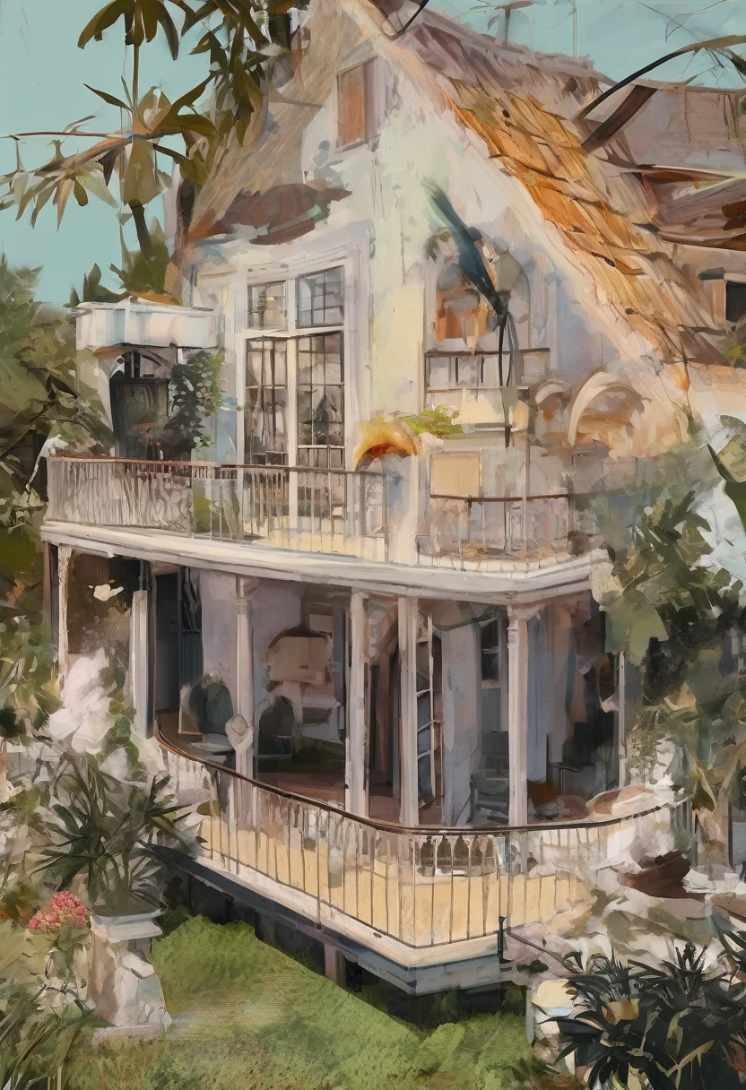 maison de plage avec seulement 1 étage, style colonial , toit en tuiles de céramique, ambiance bucolique, avec balcon, gril, Jardin ultra photo réaliste,Hyperdétaillage, en haute qualité,8k