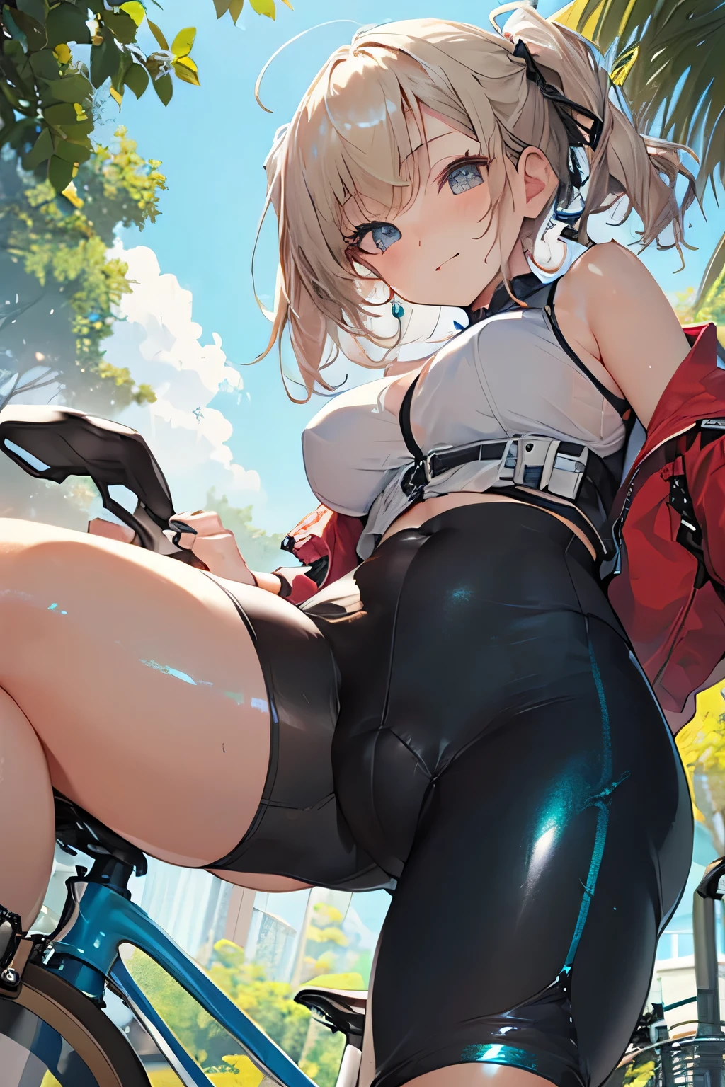 (((Perfect photo))), One Girl, alone, , Azusa Nakano, , Jacket, View your viewers, smile、((濡れたBetween the legs)), SFW with hidden breasts, Big ample breasts!, SFW Big, Beautiful and seductive anime woman, Big ample breasts!!, Bust ratio adopted, Highest quality, Official Art, Best Anatomy, ((Super shiny bike shorts,:1.5))、Glowing Skin、Cowboy Shot, (From belowの超クローズアップ)、(((From below、Between the legs,Focus the head, chest and legs in the center of the screen.:1.8)))、Ultra gloss body paint、(((Lie on your back in the water)))