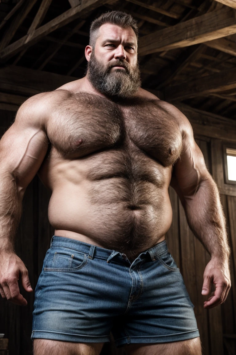 8KUHD HDR Very Extremely Realistic Very Detailed High Quality Create a professional studio-style Very Real photograph featuring a middle-aged daddy rugged muscle bears man , burly, very hairy, very beared big daddy muscle bear, and very realistic detailed rugged burly man and his husband in shorts. Very Realistic detailed shorts, very realistic hair, very realistic beards, very realistic thick chubby neck, very realistic neck lines, very realistic detailed neck, very realistic belly, very realistic burly chest, very realistic detailed hairy burly strong chest and arms, very realistic detailed hairy burly strong chest and arms, very realistic pecs, very realistic burly muscle bear body, very realistic nipples, very realistic burly muscle bear body, very realistic face, very realistic detailed face, very realistic eyes, very realistic detailed eyes, very realistic pupils, very realistic detailed pupils, very realistic nose, very realistic ears, very realistic facial features, very realistic burly arms, very realistic elbows, very realistic hands, very realistic pecs, very realistic belly, very realistic human man body, very realistic bellybutton, very realistic wrists, very realistic fingers, very realistic fingernails, very realistic shoulders, very realistic mouth, very realistic lips, very realistic detailed skin, very realistic skin, very realistic mens clothing, very realistic detailed mens clothing. Very Realistic Hairy Bearded Burly Muscle bear Photoshoot, A very realistic burly muscle bear man in a Far, in a very realistic romantic and virile Farm scene. Very Realistic Intricately Detailed, Utilize all appropriate realistic lighting techniques for studio photography" very realistic detailed Farm surroundings, very realistic surroundings lighting, No Deformities, captured with a 85mm lens by a world famous photographer, Very Ultra Realistic and Very Realistic Photograph, Clear HDR Quality full with very realistic real details