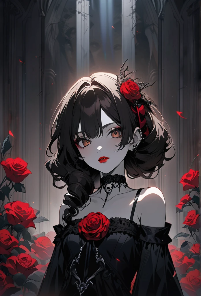 Portrait Of An Anime Character, Goth Anime Girl, Red Lips, Dark Brown Long Curly Hair, Brown Eyes, Roses In The Background, Choker, Shoulderless Black Dress,Elegant, Front View, Gothic, Anime Art, Dark Light With Red Highlights, Junji Ito Art, Skull, (Newest Anime Art Style), Masterpiece