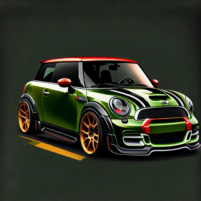 Art for t-shirt graphic design a modern graphic design Mini Cooper S JCW R53 glossy deep bold black and green, Remove background