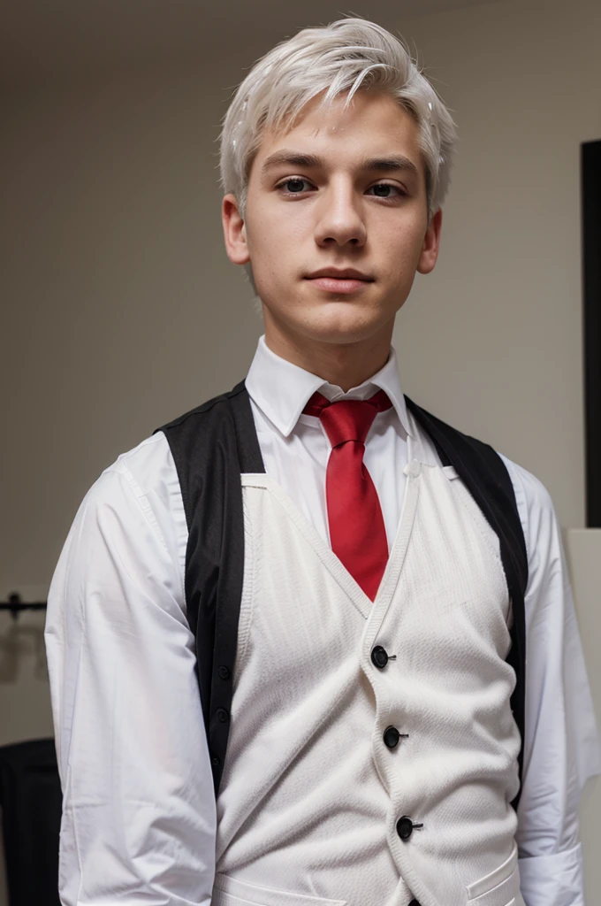 A white-haired boy wearing a white shirt with a black vest and red tie