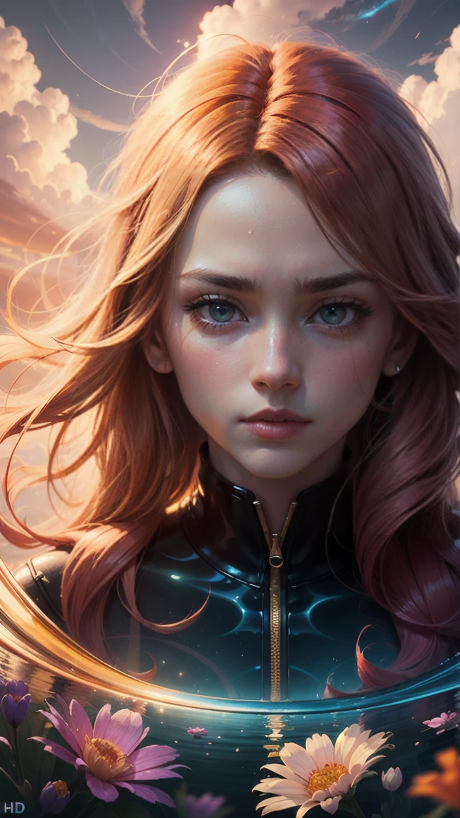 A beautiful princess, glass face, ultra detailed face, perfect half body, surreal art, psychedelic art, flowers, holographic glow, concept art, green eyes and red hair, motion effects, psychedelic motion effects, golden hour colorful clouds, reflection in the hair, triadic colors. high quality, UHD.