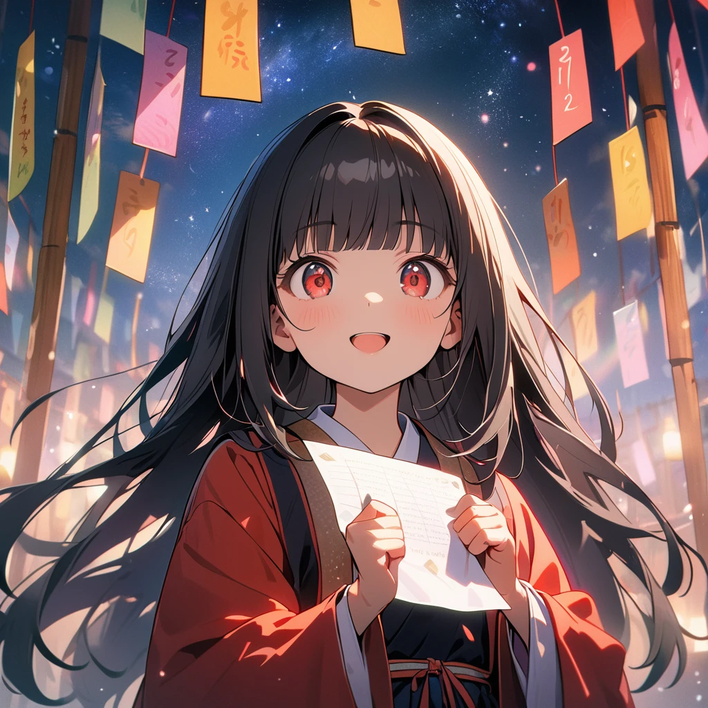 (8K, best quality, master piece: 1.2), super high resolution,1 girl,solo,16yo,ultra-detailed face,detailed eyes,red eyes,black hair,blunt bangs,Straight hair,Long hair,light smile, open mouth,Hanfu,The girl holding a wish paper with the number "777" written on it,Tanabata Festival, Milky Way, night view, rim light,large tall bamboos and colorful hanging decoration