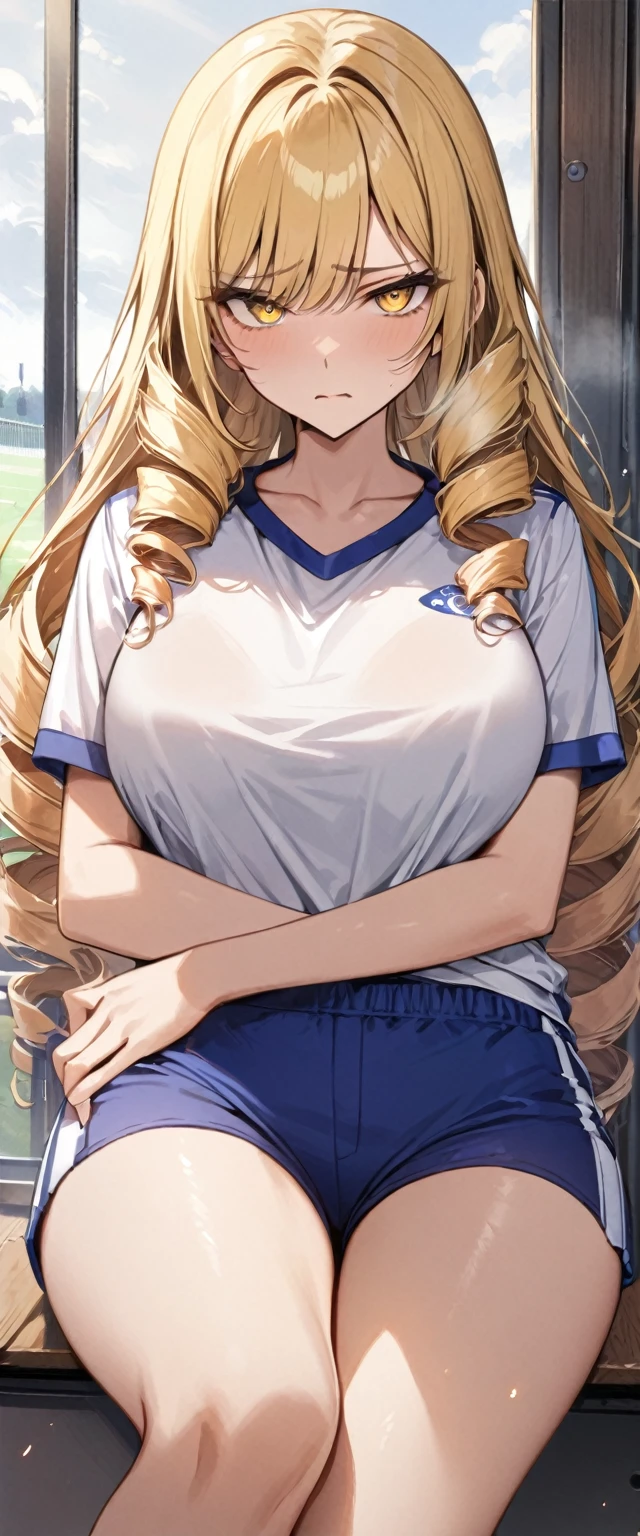 masterpiece, best quality, 1girl, solo, blonde hair, drill hair, long hair, yellow eyes, blue headbows, school sport outfit, white t-shirt, blue shorts, large breasts, (disgust:0.7), infront ov viewer