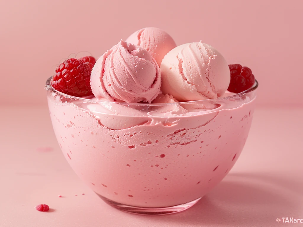 fresh raspberry style ice cream，pink background，in glass cup，some raspberrys on the ice cream