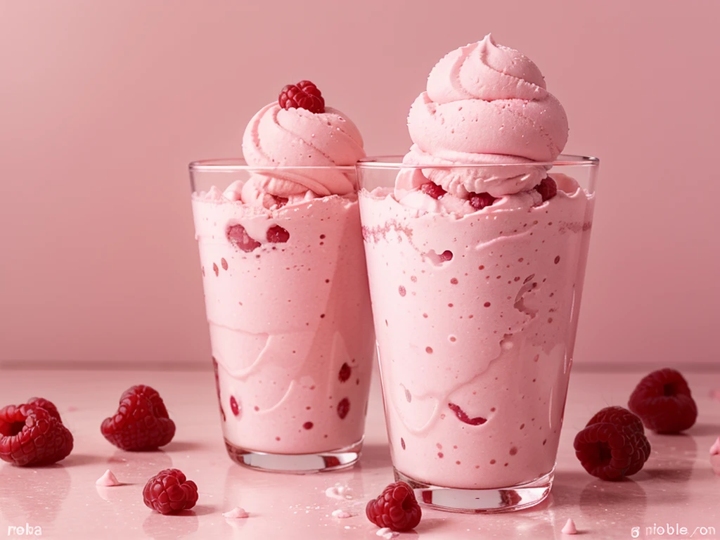 fresh raspberry style ice cream,pink background,in glass cup,some raspberrys on the ice cream