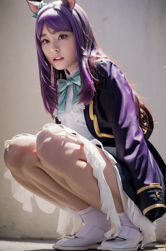 ((((white panties)))),panties focus,mejiro mcqueen, purple hair,horse ears, ear ribbon, horse tail,frills, black jacket, bowtie, long sleeves, black skirt,sit with your heels on the ground、hold your knees with both hands,open legs,squating,(((straight-on))),fukuharaharuka,nsfw