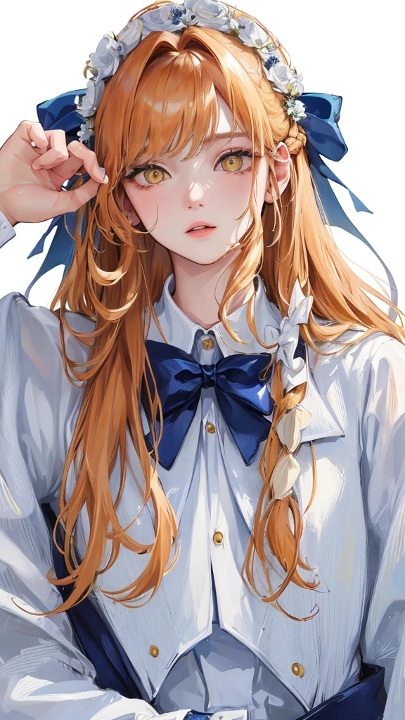 (Top resolution、Distinct_image)top-quality、femele、​masterpiece、highly detailed、Semi-realistic、yellow  eyes、18year old、young、cool clothing、Exquisite facial features、Facial features、unique hairstyle, variations, potrait, white background,   ginger hair , long hairstyles, white elegant dresses,blue bow, wear navy coat