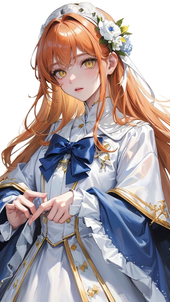 (Top resolution、Distinct_image)top-quality、femele、​masterpiece、highly detailed、Semi-realistic、yellow  eyes、18year old、young、cool clothing、Exquisite facial features、Facial features、unique hairstyle, variations, potrait, white background,   ginger hair , long hairstyles, white elegant dresses,blue bow, wear navy coat