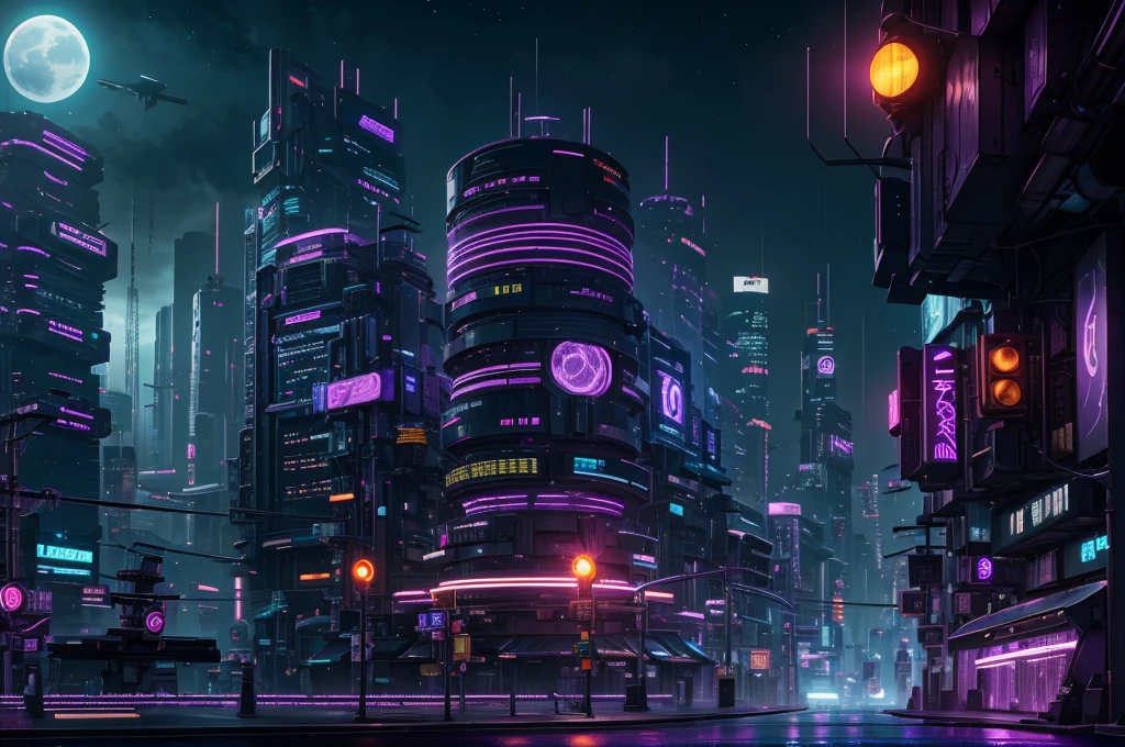 cyberpunk city, neon light, ight, HDR, futuristic building, purple light, purple moon, purple theme, traffic light, 4k resolution, landscape, depth of field