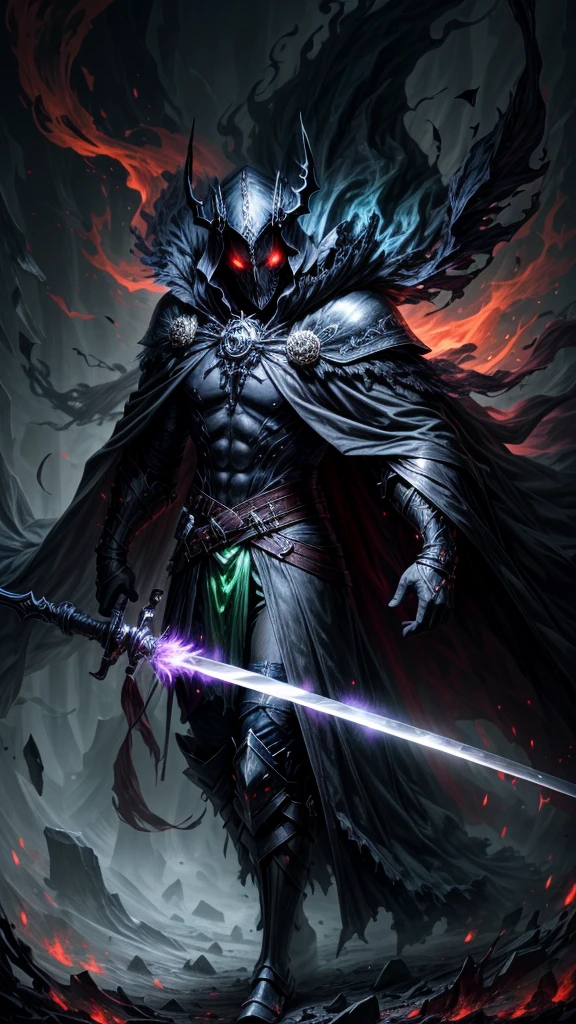 A dark and ominous creature, a god of death with a black crown, red glowing eyes, dynamic point of view, a fantasy character with a large torn black cape, wearing black and torn clothes, holding a magic sword with a blue and green aura around it, magical effects surrounding the sword, dark evening outdoor background on a dark plain