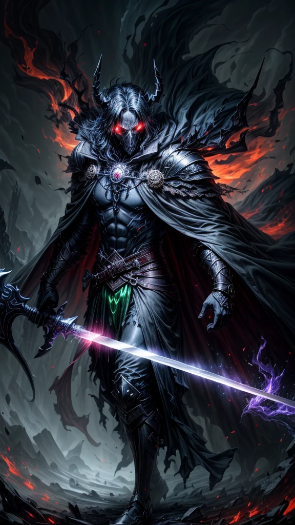 A dark and ominous creature, a god of death with a black crown, red glowing eyes, dynamic point of view, a fantasy character with a large torn black cape, wearing black and torn clothes, holding a magic sword with a blue and green aura around it, magical effects surrounding the sword, dark evening outdoor background on a dark plain