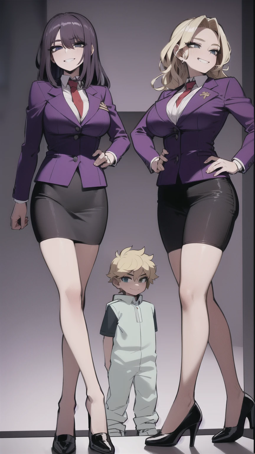two sexy women looking down at boy with blonde hair, seductive smiles, portrait, various hair
