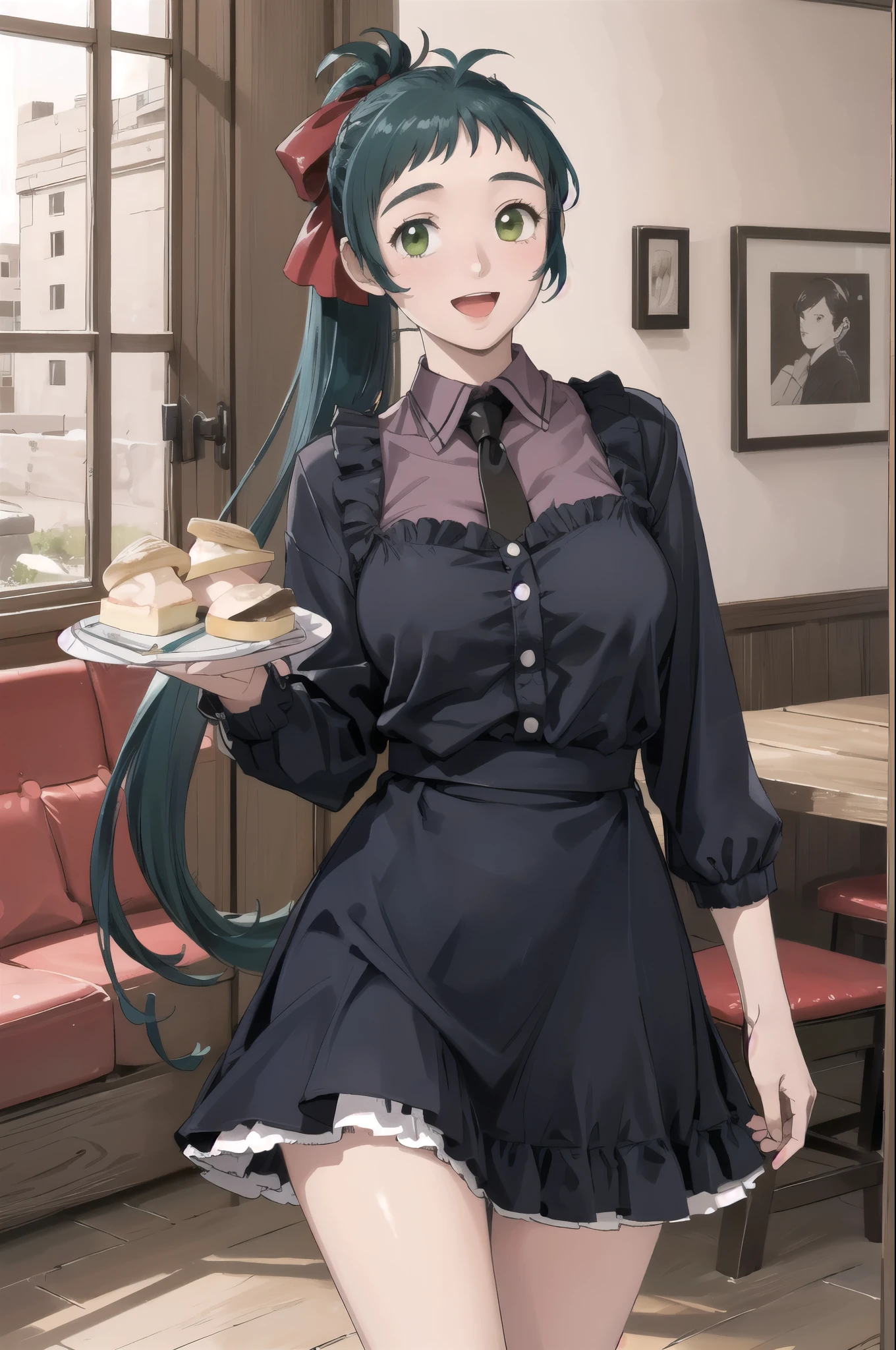 (masterpiece), (Highest quality), (Super detailed), Realistic, (Best illustrations), (Very delicate and beautiful), One girl, Iraq, Collared shirt, Black tie, Blue Skirt, Frilled Skirt,  Kappo, apron, chest, Hair Ribbon, ponytail, Very long hair, (Antenna Hair), indoor, Long sleeve,ruffle cuffs, Holding Tray, dish, ice cream, View your viewers, :d, The legs are off the frame, Cafe, Green Eyes, Are standing,