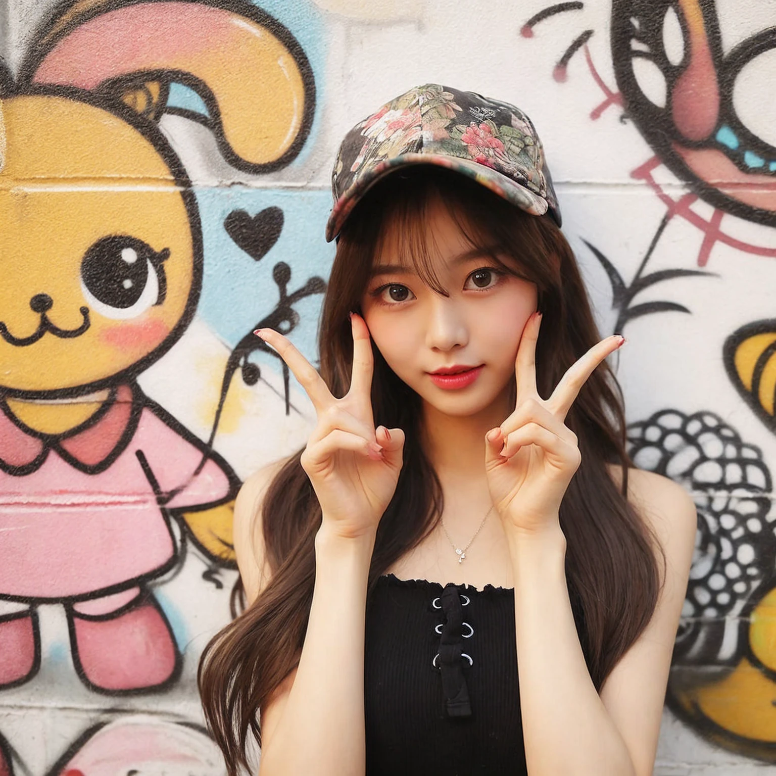 cute girl ,1 young korean woman with cap,Graffiti