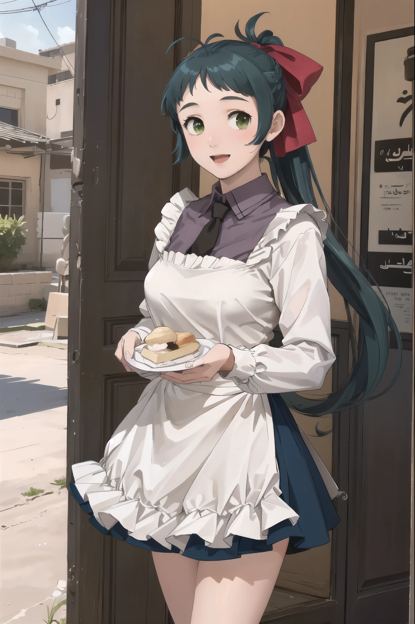 (masterpiece), (Highest quality), (Super detailed), Realistic, (Best illustrations), (Very delicate and beautiful), One girl, Iraq, Collared shirt, Black tie, Blue Skirt, Frilled Skirt,  Kappo, apron, chest, Hair Ribbon, ponytail, Very long hair, (Antenna Hair), indoor, Long sleeve,ruffle cuffs, Holding Tray, dish, ice cream, View your viewers, :d, The legs are off the frame, Cafe, Green Eyes, Are standing,