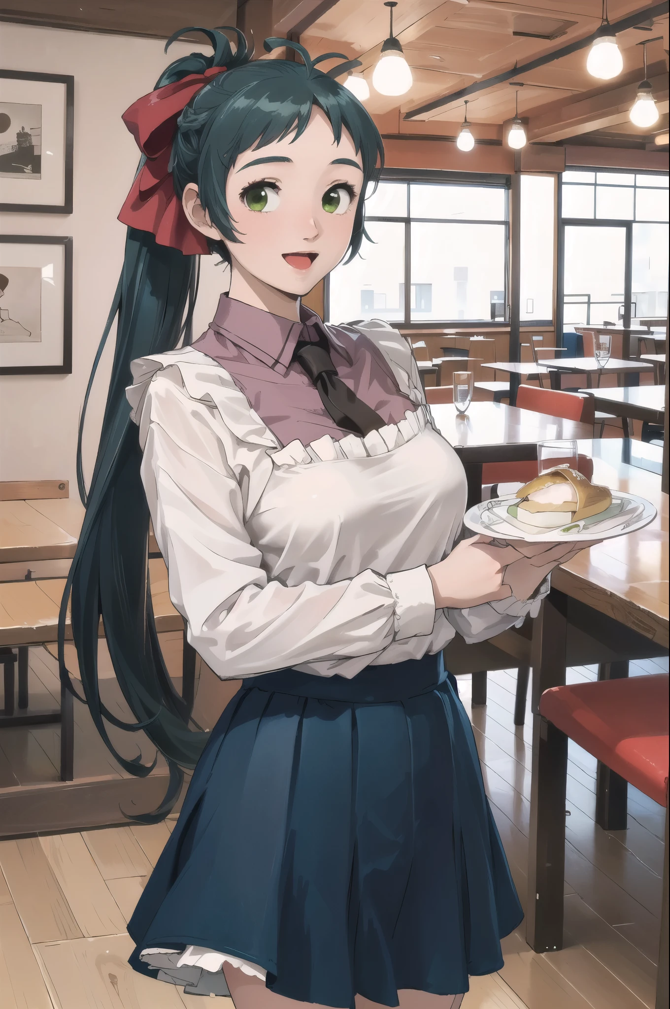(masterpiece), (Highest quality), (Super detailed), Realistic, (Best illustrations), (Very delicate and beautiful), One girl, Iraq, Collared shirt, Black tie, Blue Skirt, Frilled Skirt, Kappo, apron, chest, Hair Ribbon, ponytail, Very long hair, (Antenna Hair), indoor, Long sleeve,ruffle cuffs, Holding Tray, dish, ice cream, View your viewers, :d, The legs are off the frame, Cafe, Green Eyes, Are standing,