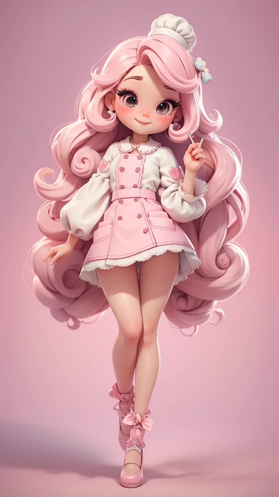 Themed with cute candy land chefs,Create a series of cute chibi style dolls, Each one is rich in details,Resolution reaches 8K. All dolls should follow the same Candy Land candy wallpaper pattern and be complete in the image, show (whole body, Including legs: 1.5)
Candyland F Doll: call her Marina. She must have had short soft hair. Your eyes should be large and expressive, long eyelashes and rosy cheeks. Smile is delicate and white. Sophie must wear colorful clothing, Pastel tones and luscious details. She should be holding a piece of candy in her hand. Make sure to add details to the clothing, Such as buttons and pockets, Beautiful shoes must be shaded, Hair texture and details, clothing, Candy and chocolate bars, Make them more lovely and charming.