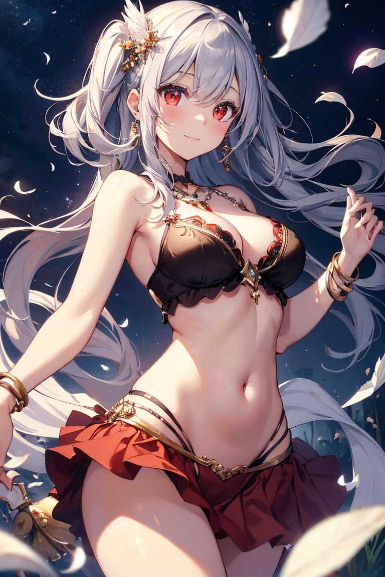 (masutepiece: 1.2, Best Quality), 1 Lady, Solo, silber hair,The long-haired, Red Eyes, Black skin,sun burn,Brown skin,elvish、a choker,Silver Accessories,tits out,Underpants,negligee,
